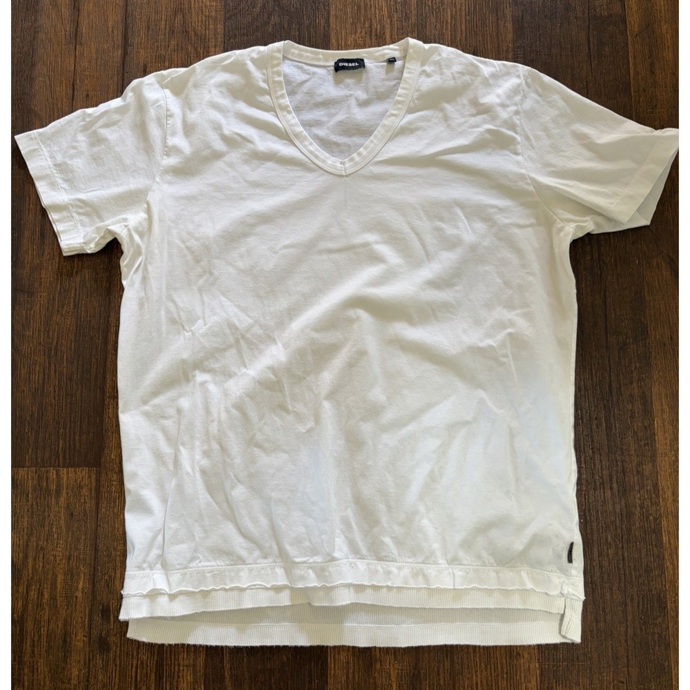 Men's Diesel T-Shirt White Solid XL Designer Double Band V-Neck Essential Casual